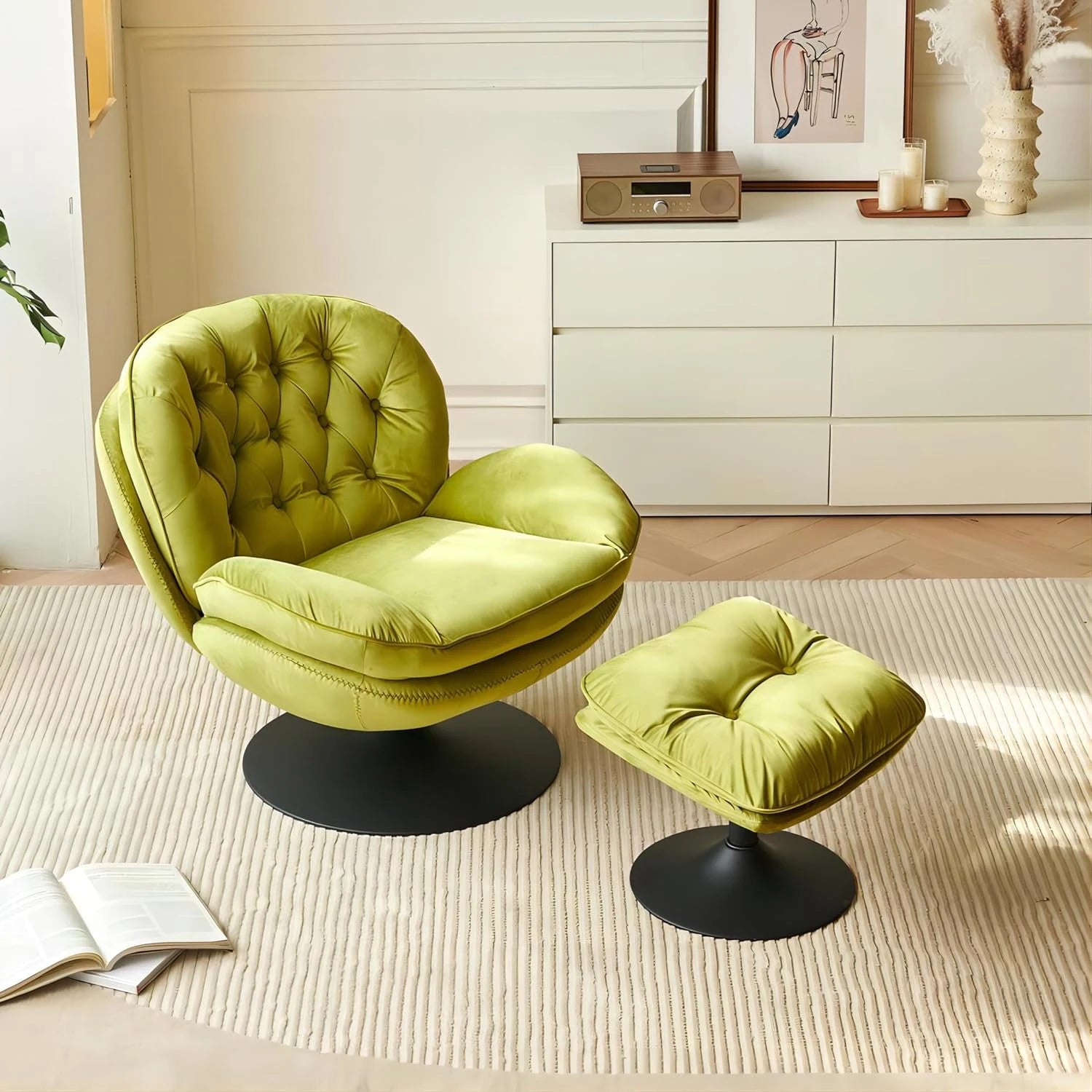 Velvet Swivel Armchair Set with Ottoman for Living Room - Modern Tufted Accent Chairs with 360° Swivel & Footrest