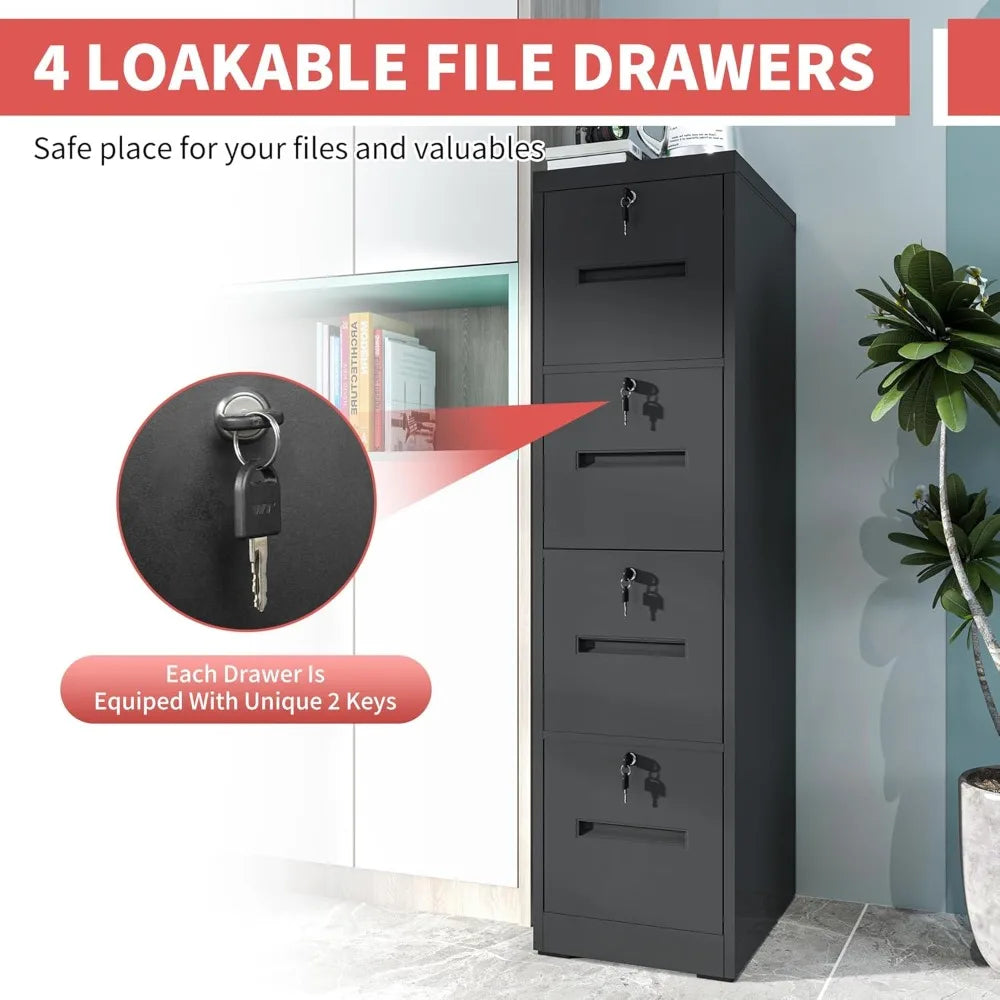 4 Drawer File Cabinet,Vertical Filing Cabinet with 4 Lockable Drawers,Black Metal File Cabinet for Home Office,Heavy