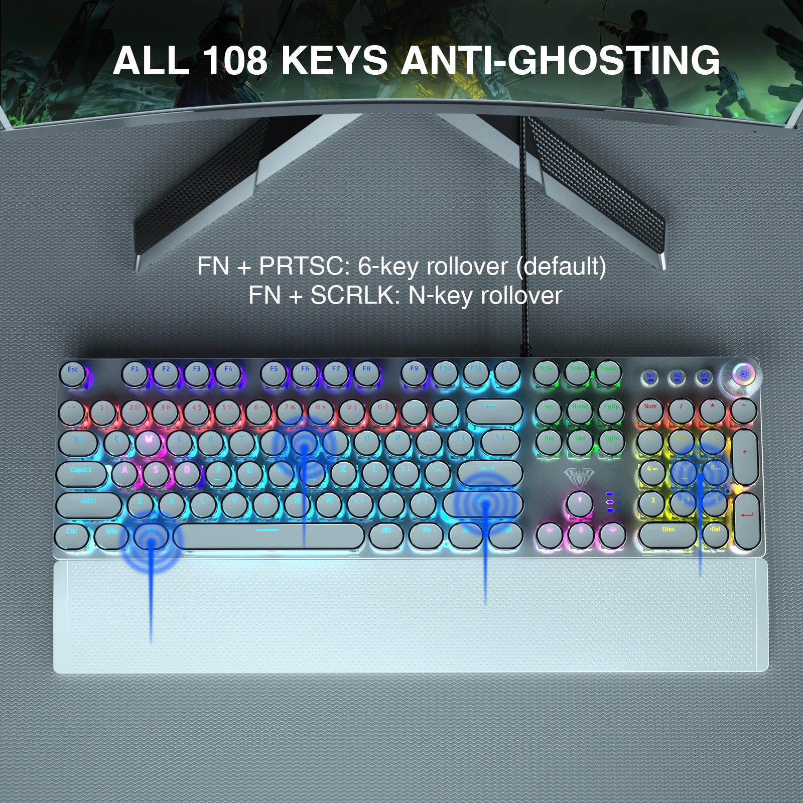 F2088 Mechanical Keyboard Round 104 keys Blue Mechanical Switch Gaming Keyboard RGB Backlit Ergonomic Design - Desktop
