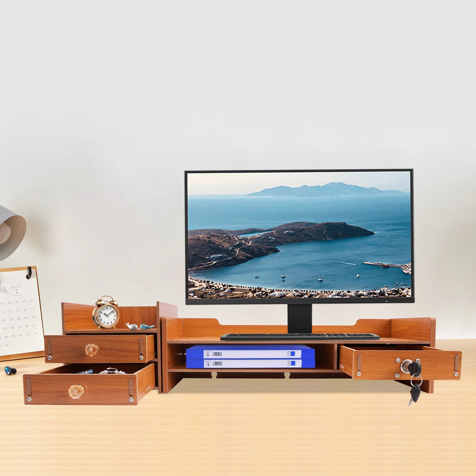 MDF Monitor Stand Riser with Lockable Drawer Computer Monitor Stand with Storage Drawer&Tablet Phone Stand for Desktop