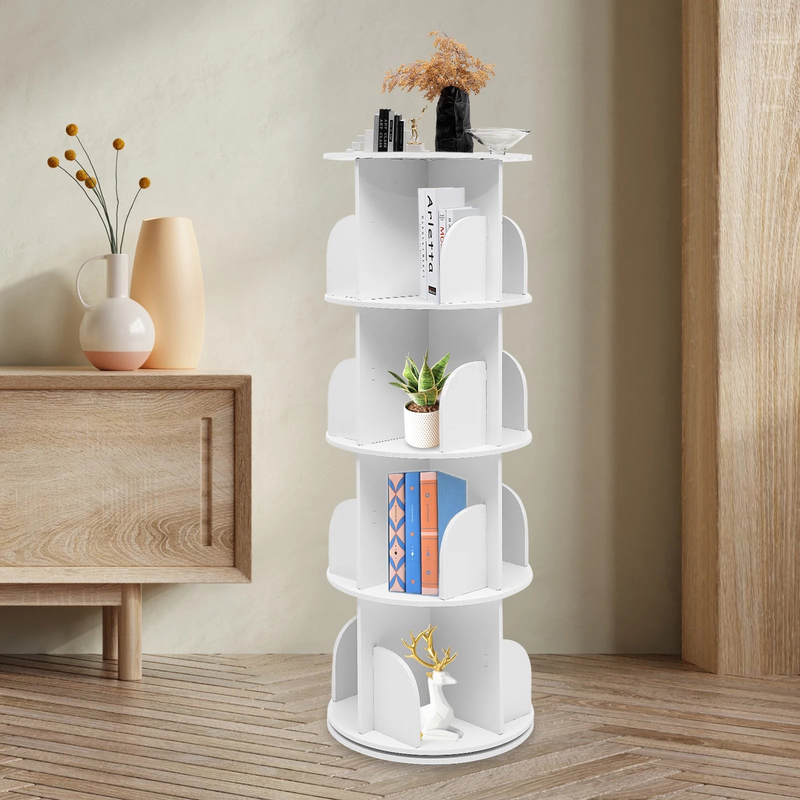 2/4-Tier Wooden Rotatable Bookshelf - 360°Display Floor Standing Storage Rack White Multifunctional Bookshelf Organizer