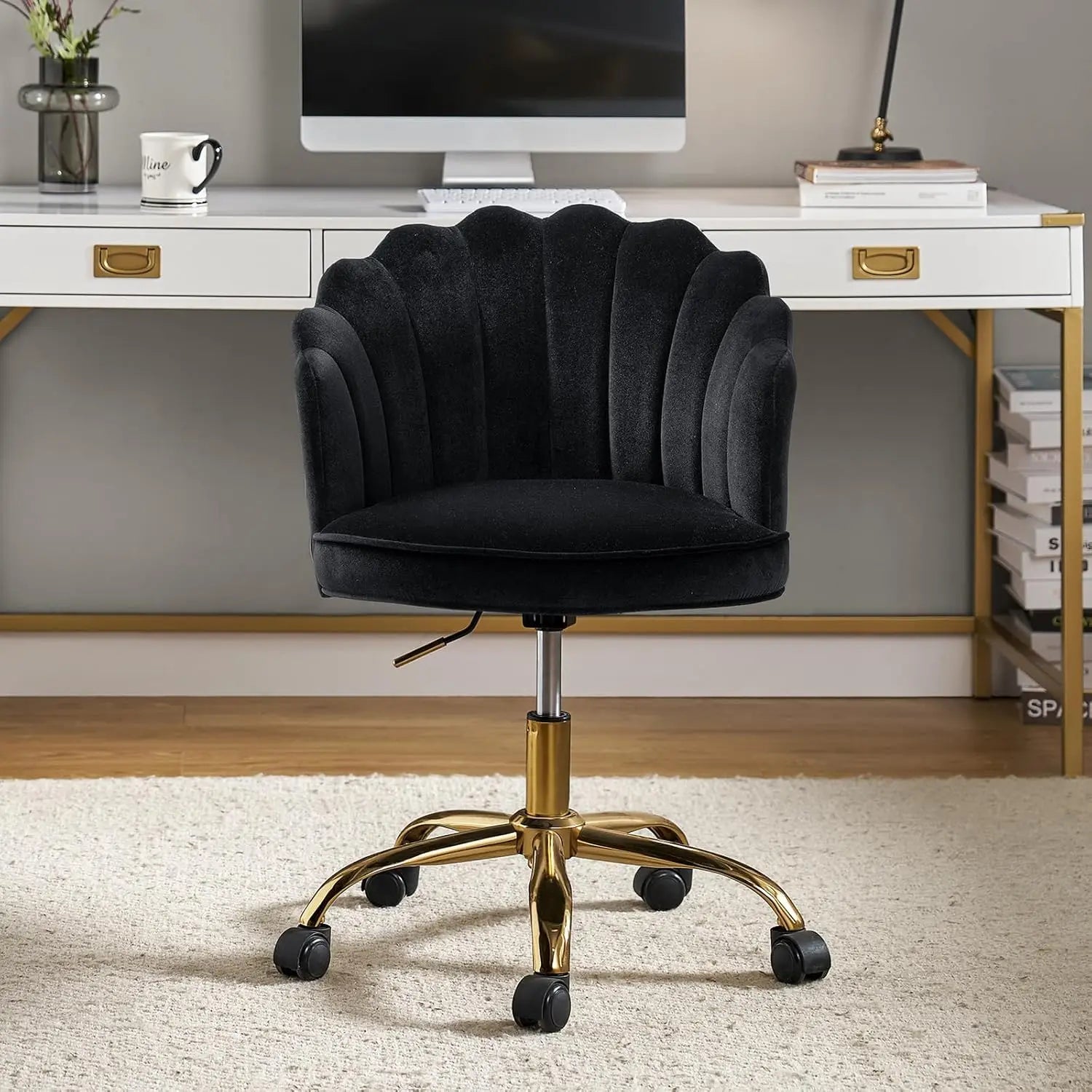 Velvet Home Office Desk Chair Modern Upholstered Swivel Computer Task Chair with Shell Back & Gold Base Height Adj