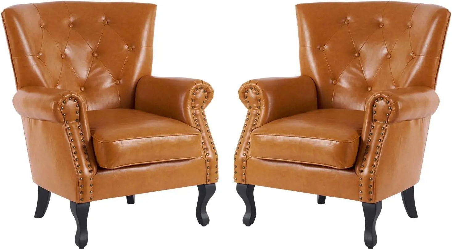 PU Leather Accent Chair Mid-Century Modern Armchair Living Room Club Chair with Tufted Button & Rivet Trim Upholstered