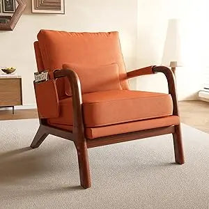 Mid Century Modern Accent Chair with Pillow & Pocket Upholstered Armchair with Solid Wood Frame & Soft Cushion