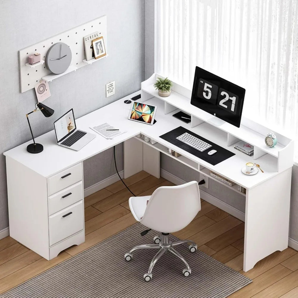 White L Shaped Desk with 3 Drawers 60 inch Corner Desk with Moveable Hutch and Power Outlet Large Home Office Corner