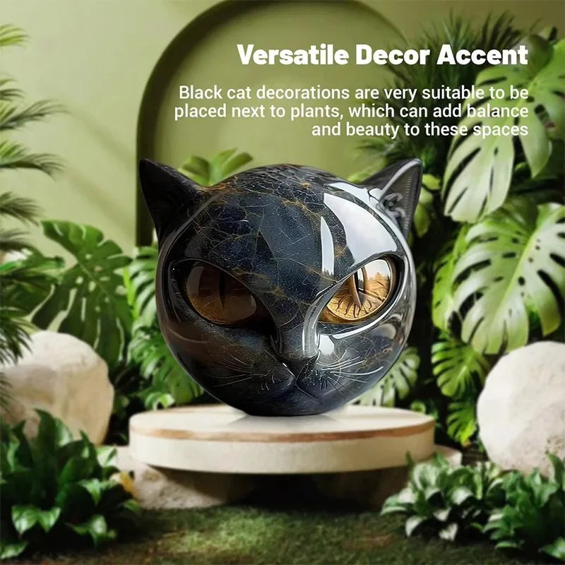 Resin Cat Head Sculpture Black Cat Stone Figurine Healing Marble Texture Memorial Gift Home Office Desk Decor Festival