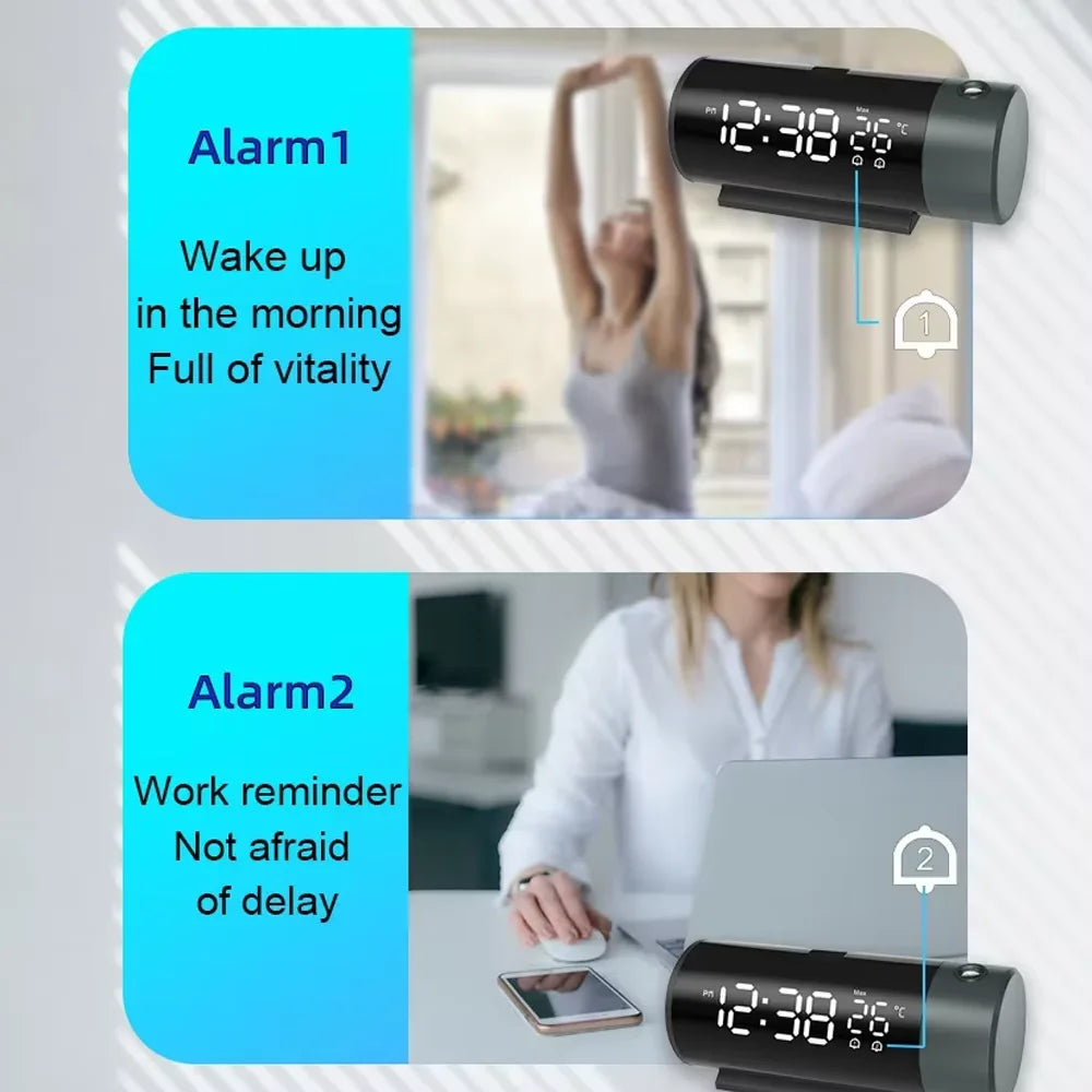 Bedroom Projection Digital Clock with 180 Rotating Projector Automatic Brightness Adjuster Indoor Thermometer Clock