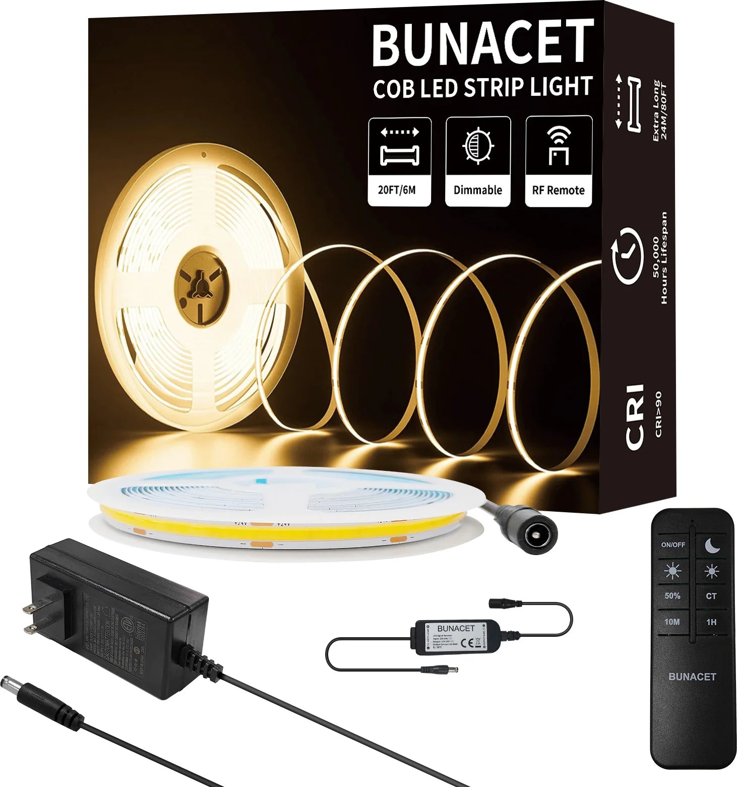 COB LED Strip Light 324led/m 6m 24V Warm/Natural/Cold White High CRI 90+ with RF Remote Flexible Light Strip