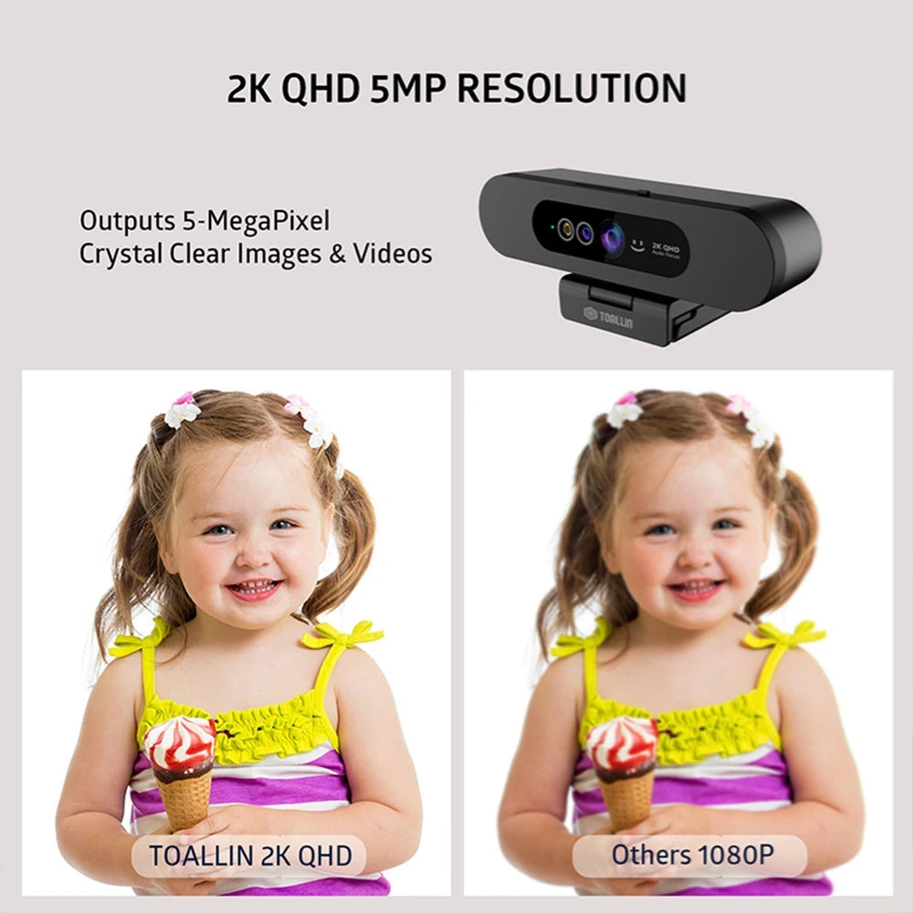 TOALLIN Windows Hello 2K Webcam 1080P Web Camera PC IR Facial Recognition with Noise-Reduction Mics for Streaming
