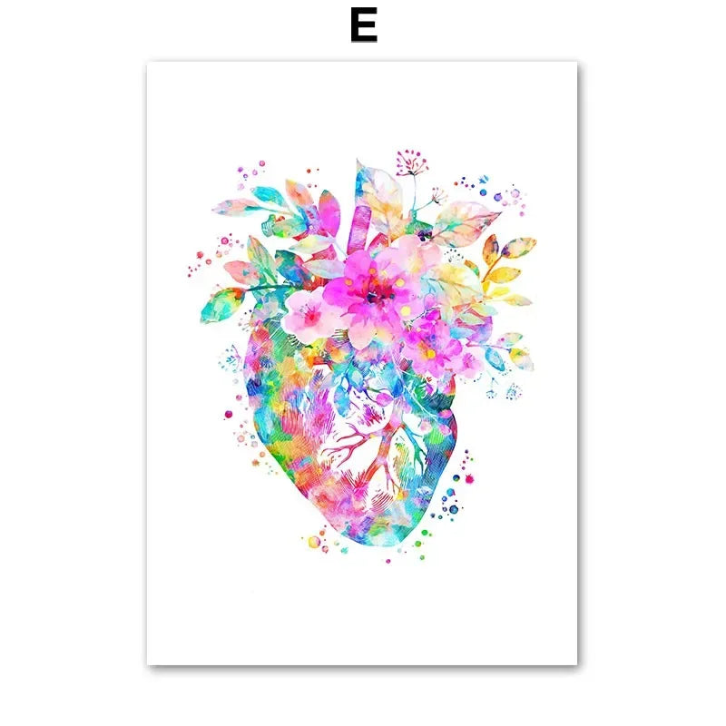 Heart Brain Lungs Kidney Rib Cage Liver Medical Floral Anatomy Poster Wall Art Canvas Print Painting Doctor Office