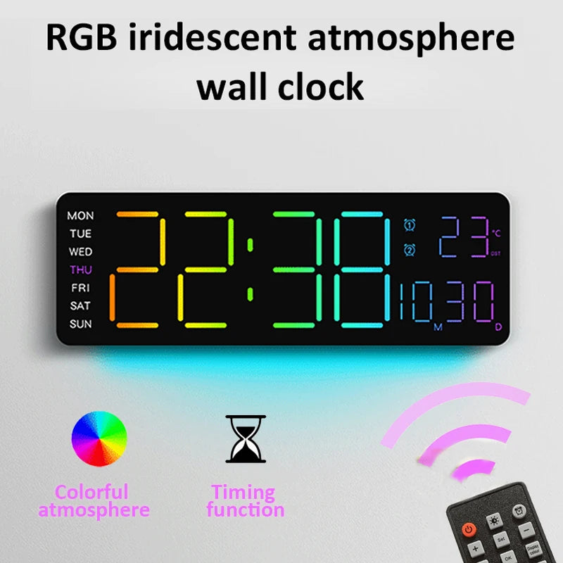 13’’ Large Digital Alarm Clock with Remote Control 11Color & Dynamic RGB Display LED Multicolor Ambiance Wall Clocks