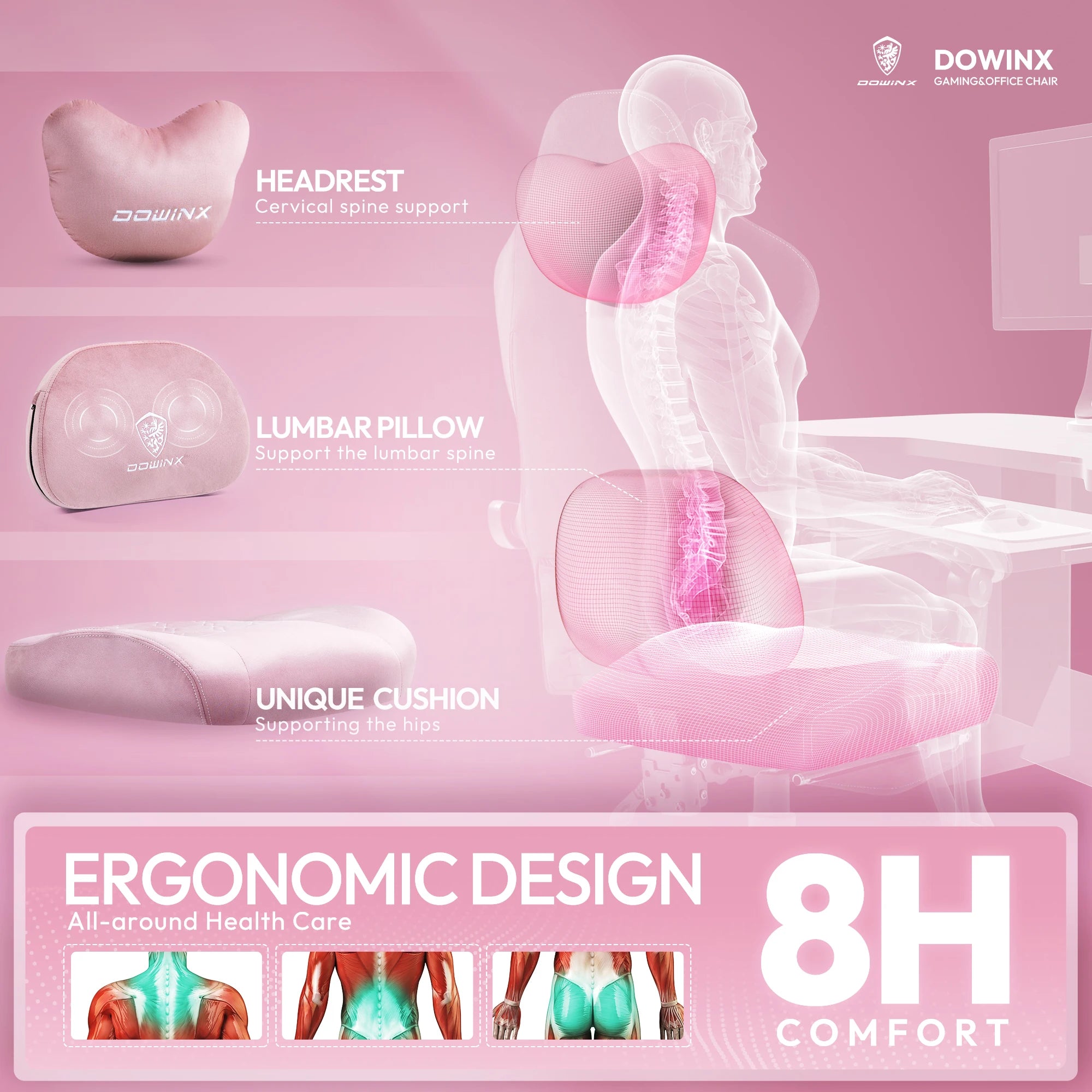 Dowinx Gaming Chair with Heated Massage Lumbar Support Breathable Fabric Office Chair with Pocket Spring Cushion