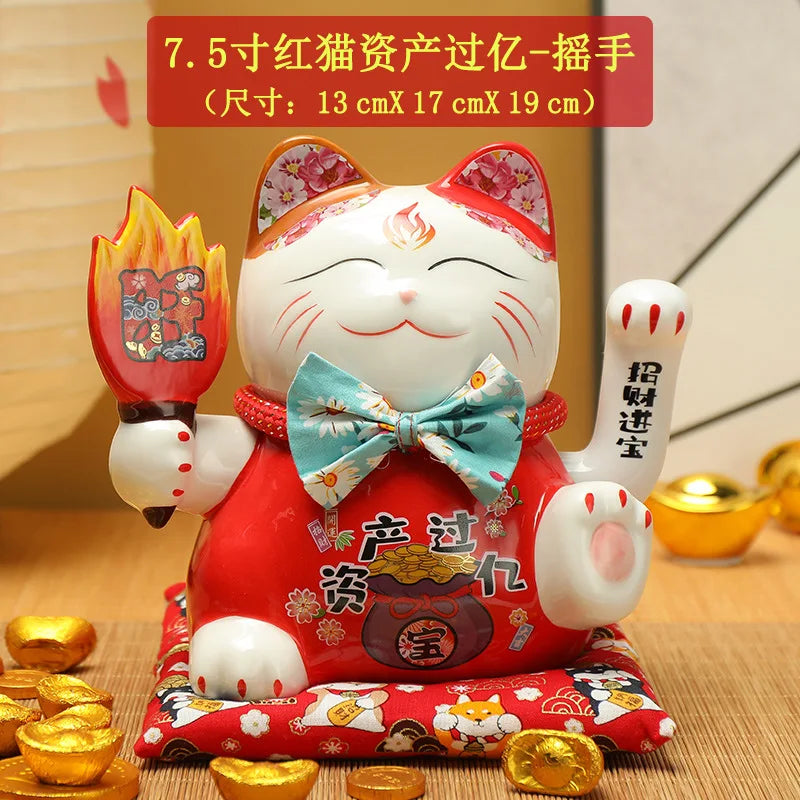 7.5inch Ceramic Beckoning Cat Maneki Neko Ornament Feng Shui Decoration Swing Lucky Cat Cashier Recruitment Cat Desk