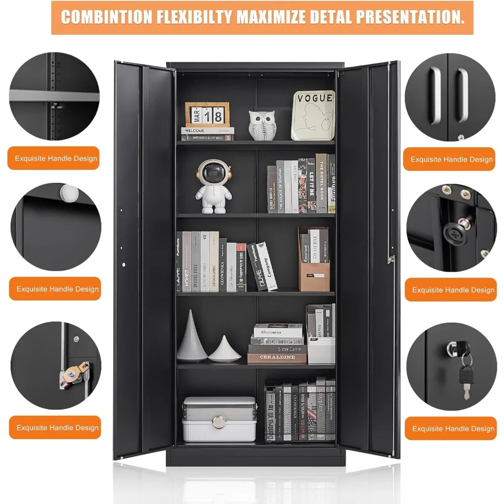 Metal Storage Cabinet with Adjustable Shelves Pantry Cabinet with 2 Doors Lockable Garage Storage Cabinet Tool Cabinet