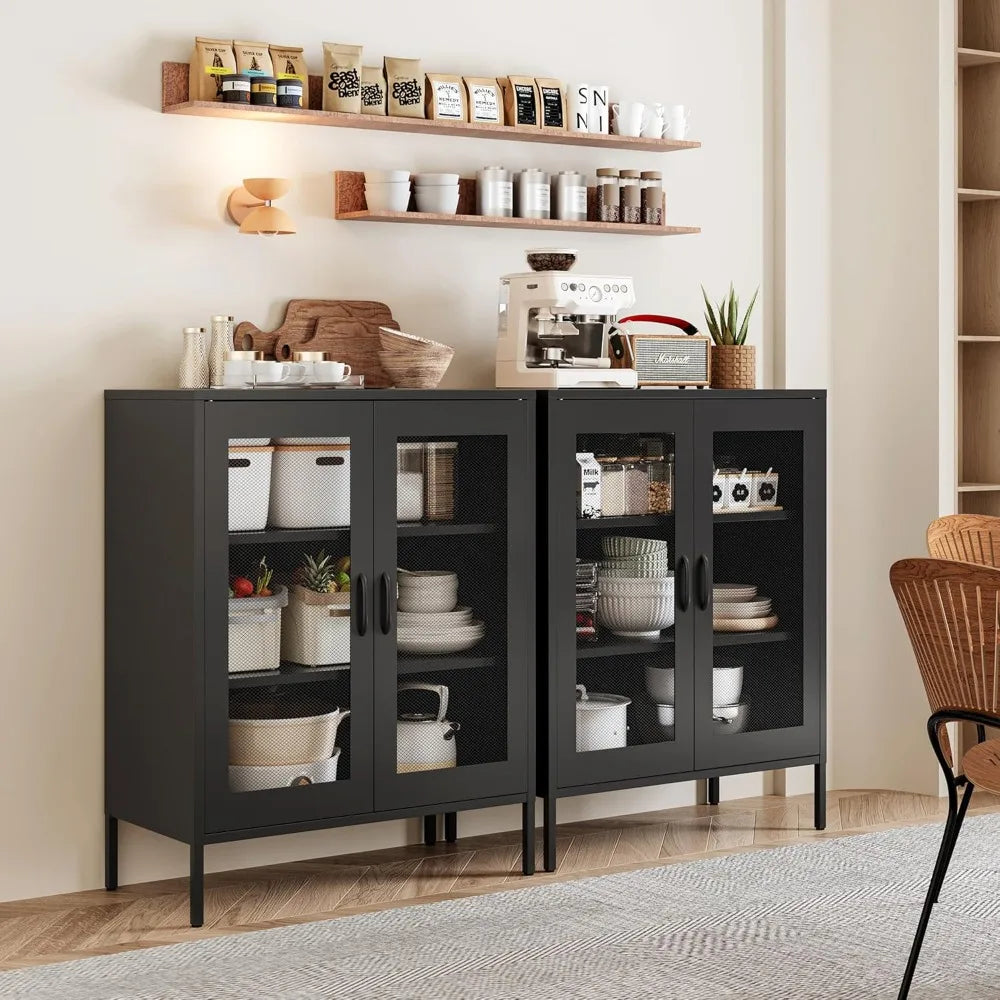 Black Metal Storage Cabinet,Metal Locker Storage Cabinet with 2 Mesh Doors and Adjustable Shelves,Kitchen Pantry