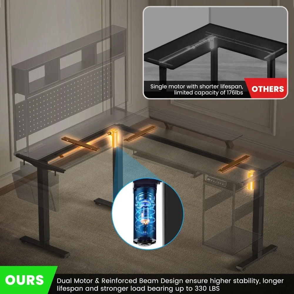Electric L Shaped Standing Desk Adjustable Height 67’’ x 47’’ Corner Computer Desk with Host Shelf Gaming Desk with LED