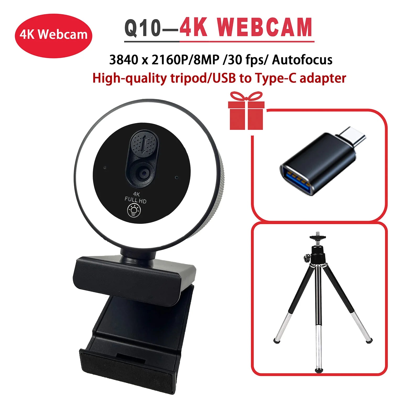 EXHQDR 4K/1080P USB Webcam with Auto Focus Ring Light Privacy Cover Tripod Type-C for PC Zoom Streaming Meeting
