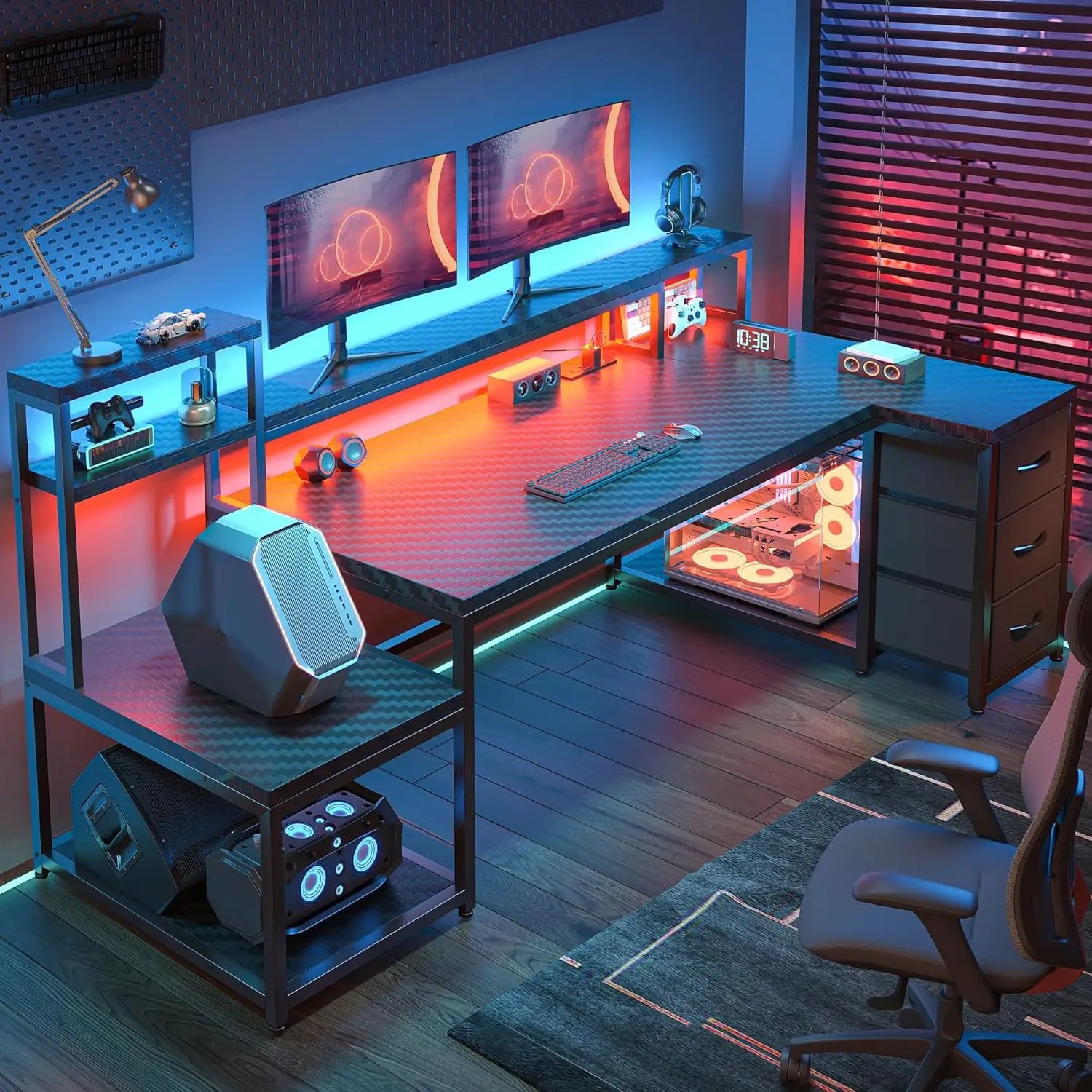 71’’ L Shaped Gaming Desk with LED Lights,Computer Desk with Drawers and Printer Shelf Power Outlet,Reversible Home