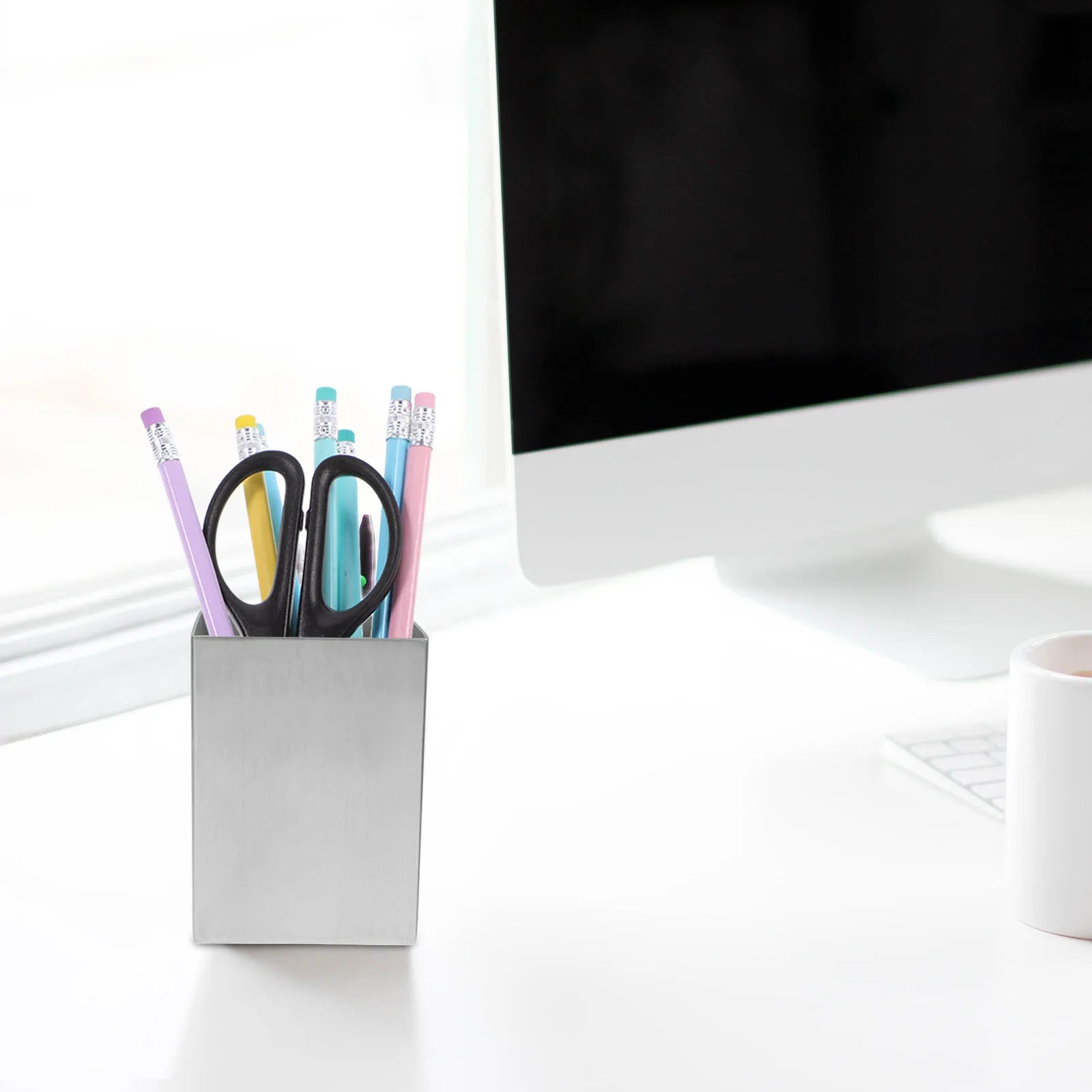 Silver Stainless Steel Square Pen Holder Thickened Pencil Cup Storage Box Marker Stand Makeup Brush Container Desk