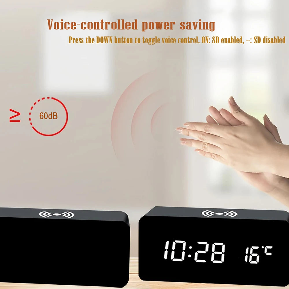 Wooden Digital Alarm Clock with Wireless Charging Temperature Display LED Desk Clock for Office Bedroom Bedside Décor