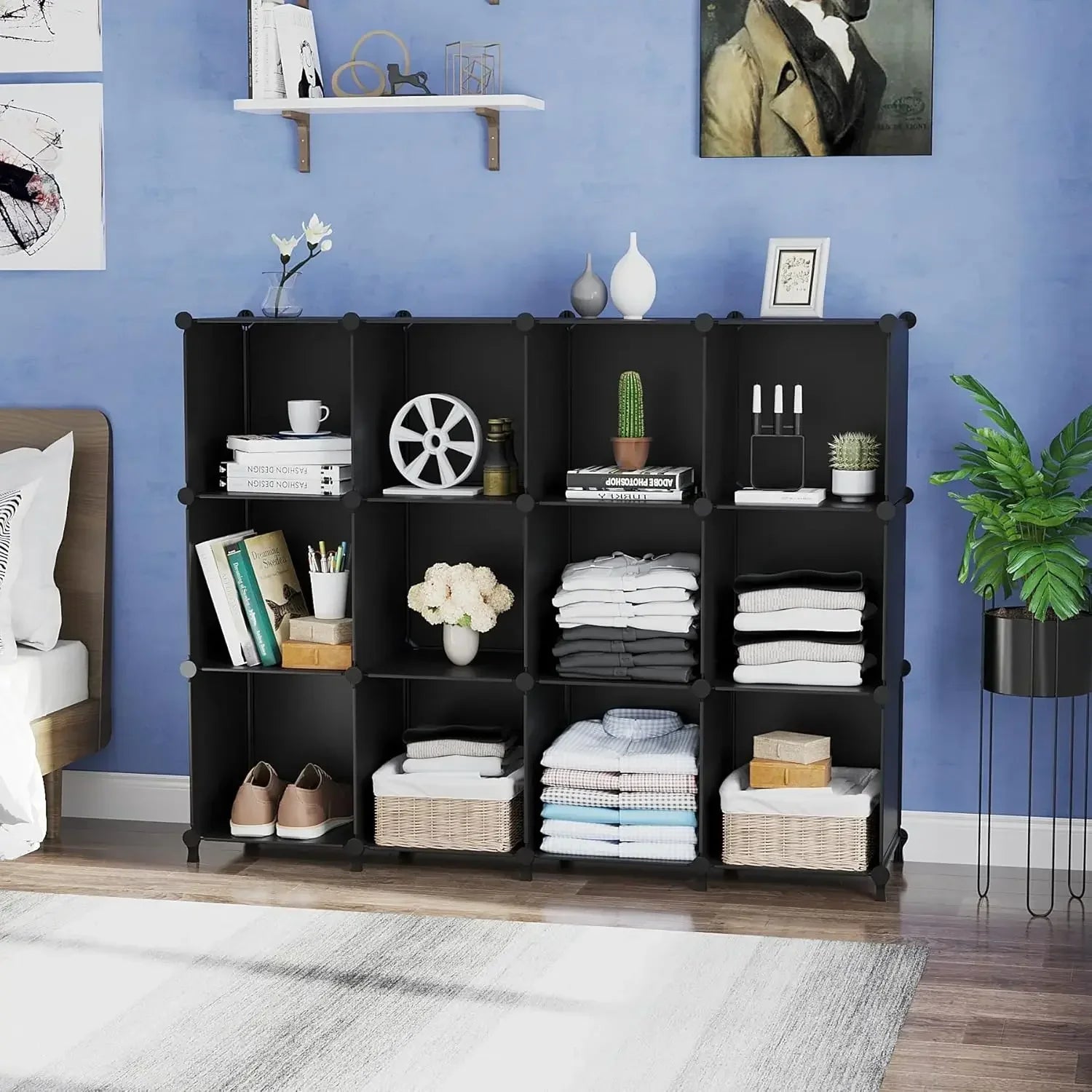 Cube Storage Organizer Storage 12 Cube Bookshelf DIY Plastic Closet Shelves with Wooden Malle - United States