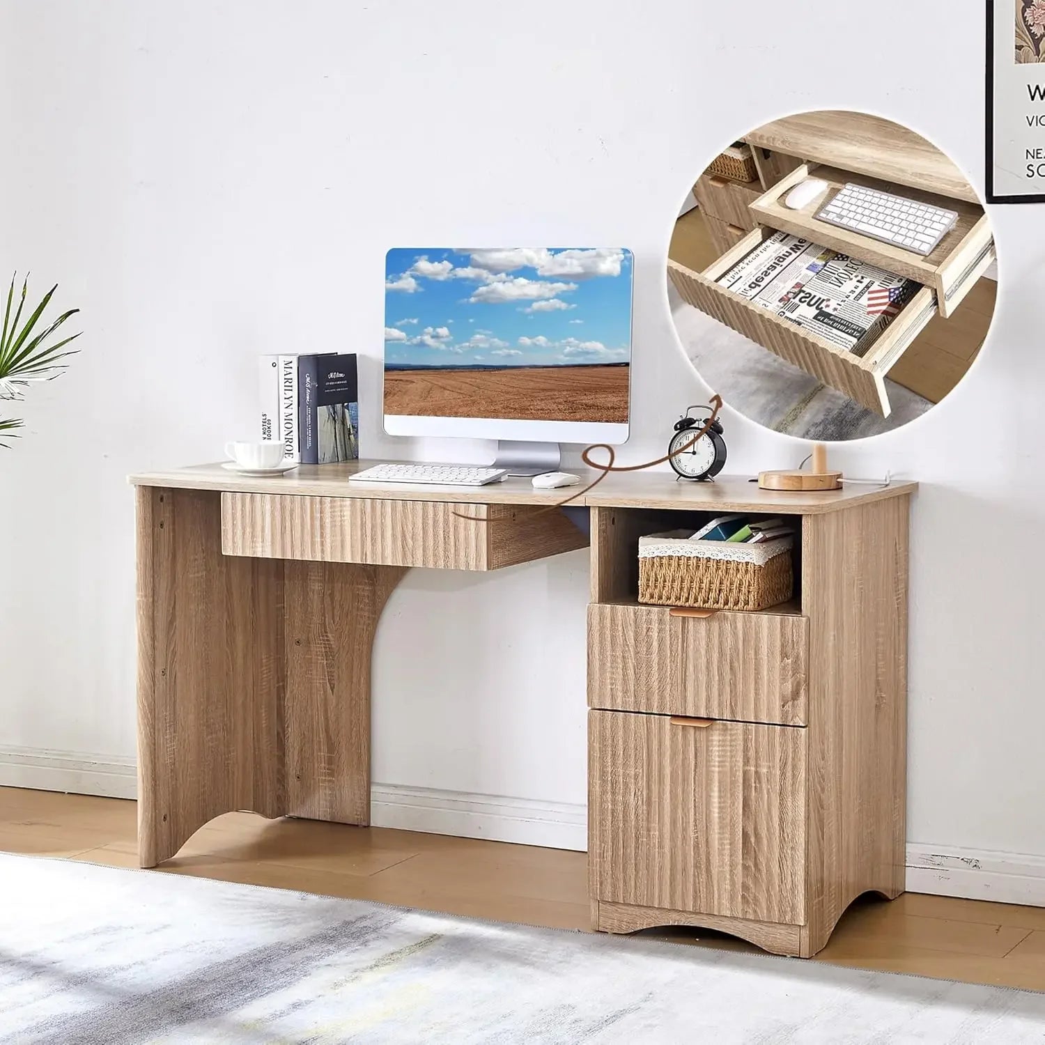 Modern Oak Computer Desk 55 Inch with Keyboard Tray And Power Outlets 2-in-1 Main Drawer with Adjustable File Drawer