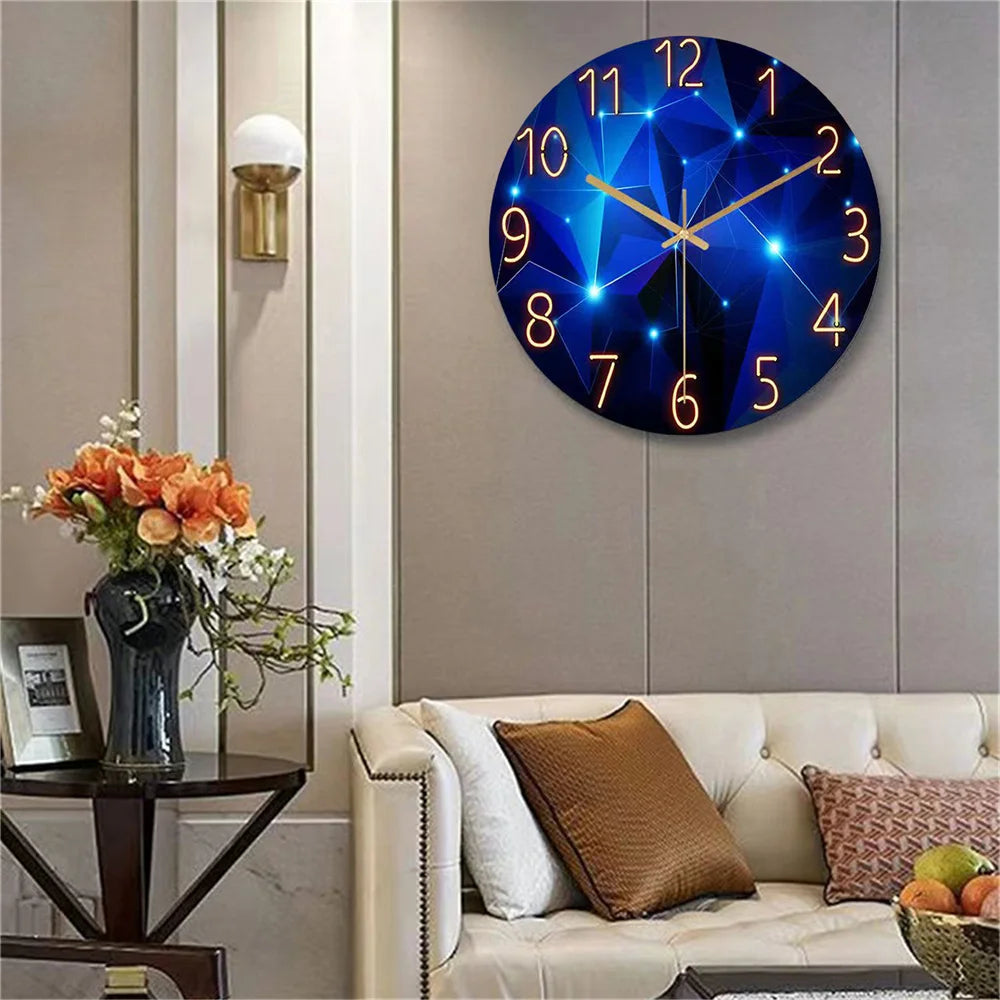 1pc 12inch Wall Clock Geometric Elements Dark Blue Thickened Tempered Glass Silent Movement Quartz Living Room Home