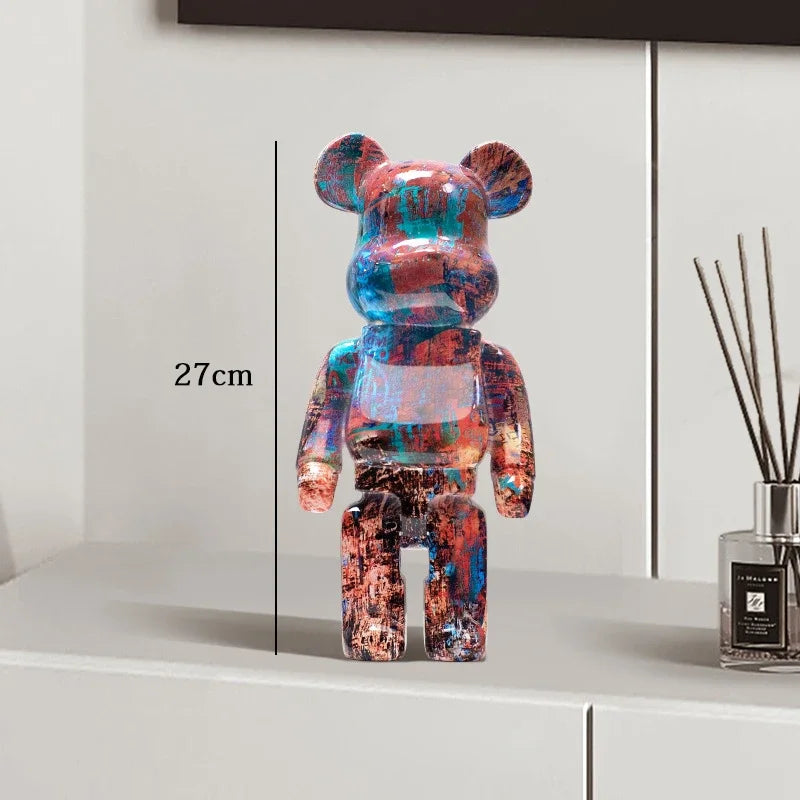 27cm Graffiti Bear Statue Paint Block Bear Decor Resin Desktop Ornaments Home Decoration Living Room Bear Floor