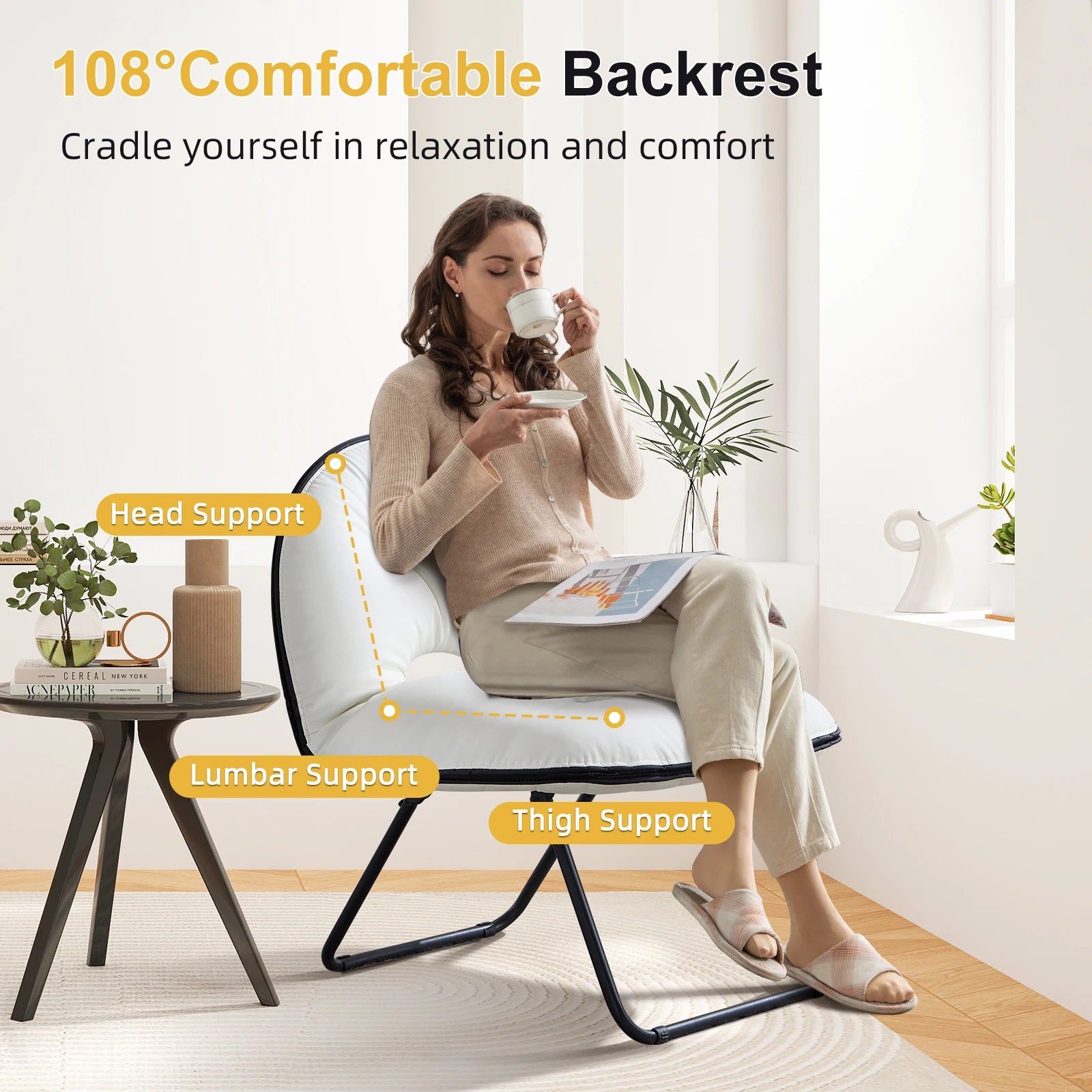 EBELLO Portable Portable Folding Chair with Upholstered Living Room Portable Lounge Chair - Rice White / United States