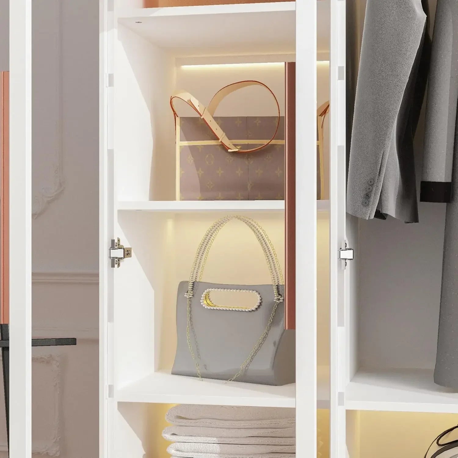 Bookcase Bookshelf with LED Lights 5-Tier Shelves and 6 Glass Doors 47.2’’ L Wooden Display Storage Cabinet