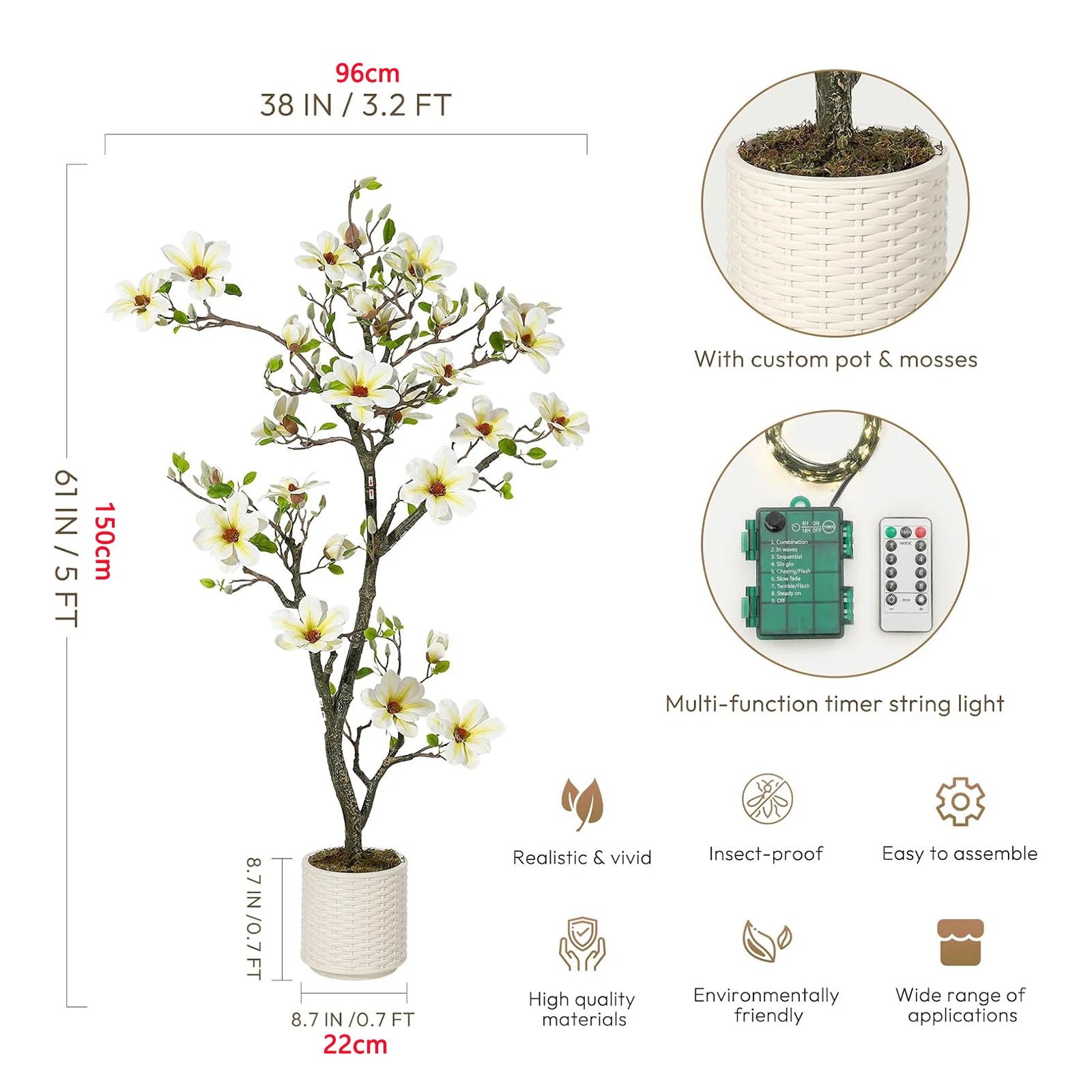 Artificial Magnolia Plant Faux Flower Trees Fake Plants with LED Light for Yard Patio Home Office Arrangement Decor - 5