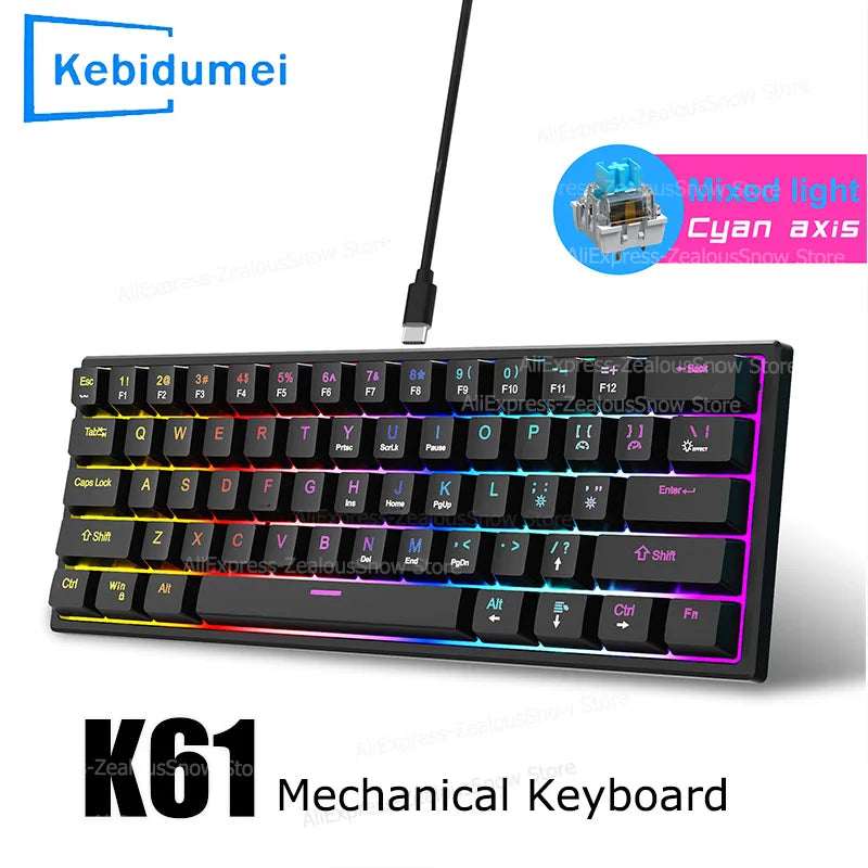 61 Keys Mechanical Keyboard Wired Gaming Keyboard for Laptop Desktop Ergonomics RGB Backlit Cyan Axis Keycaps PC