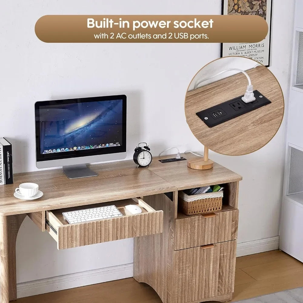 Modern Oak Computer Desk 55 Inch with Keyboard Tray And Power Outlets 2-in-1 Main Drawer with Adjustable File Drawer