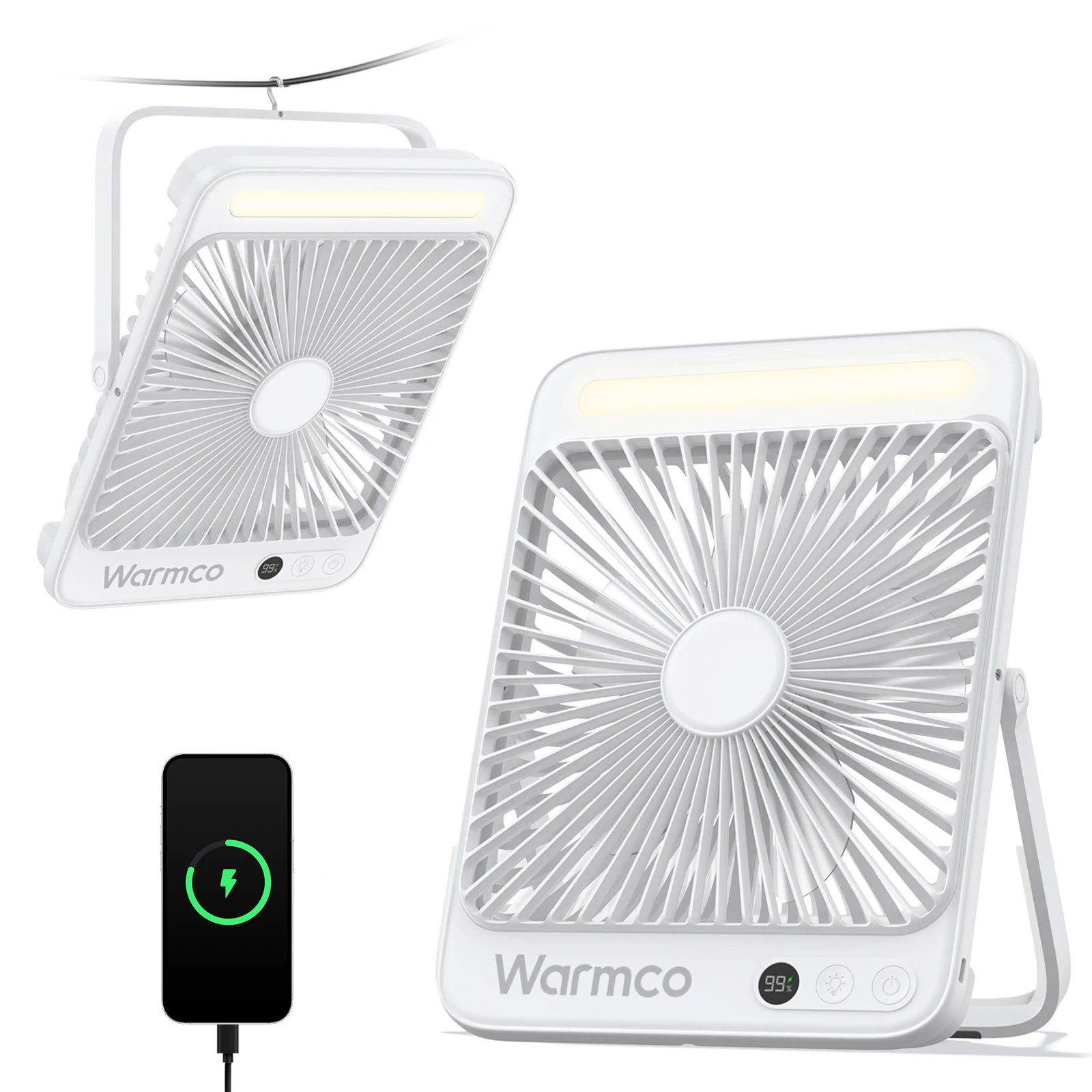 Warmco 20000mAh 8-inch Portable Camping Fan,LED Light Quiet Thin Battery Desk Personal Fan With Digital Display