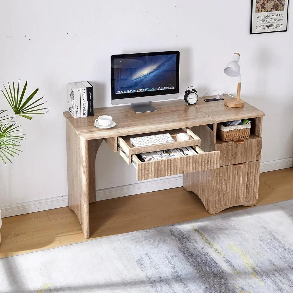Modern Oak Computer Desk 55 Inch with Keyboard Tray And Power Outlets 2-in-1 Main Drawer with Adjustable File Drawer
