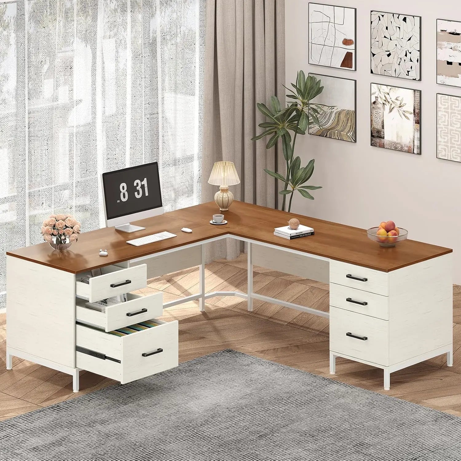 59’‘ L Shaped Desk with 6 Wood Drawers Large Home Office Corner Computer Desk with Storage File Cabinet,Modern Metal