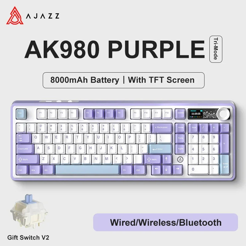Ajazz AK980 Gaming Mechanical Keyboard with Color Screen 98 Keys RGB Bluetooth Wireless Keyboard Gamer 8000mAh For PC