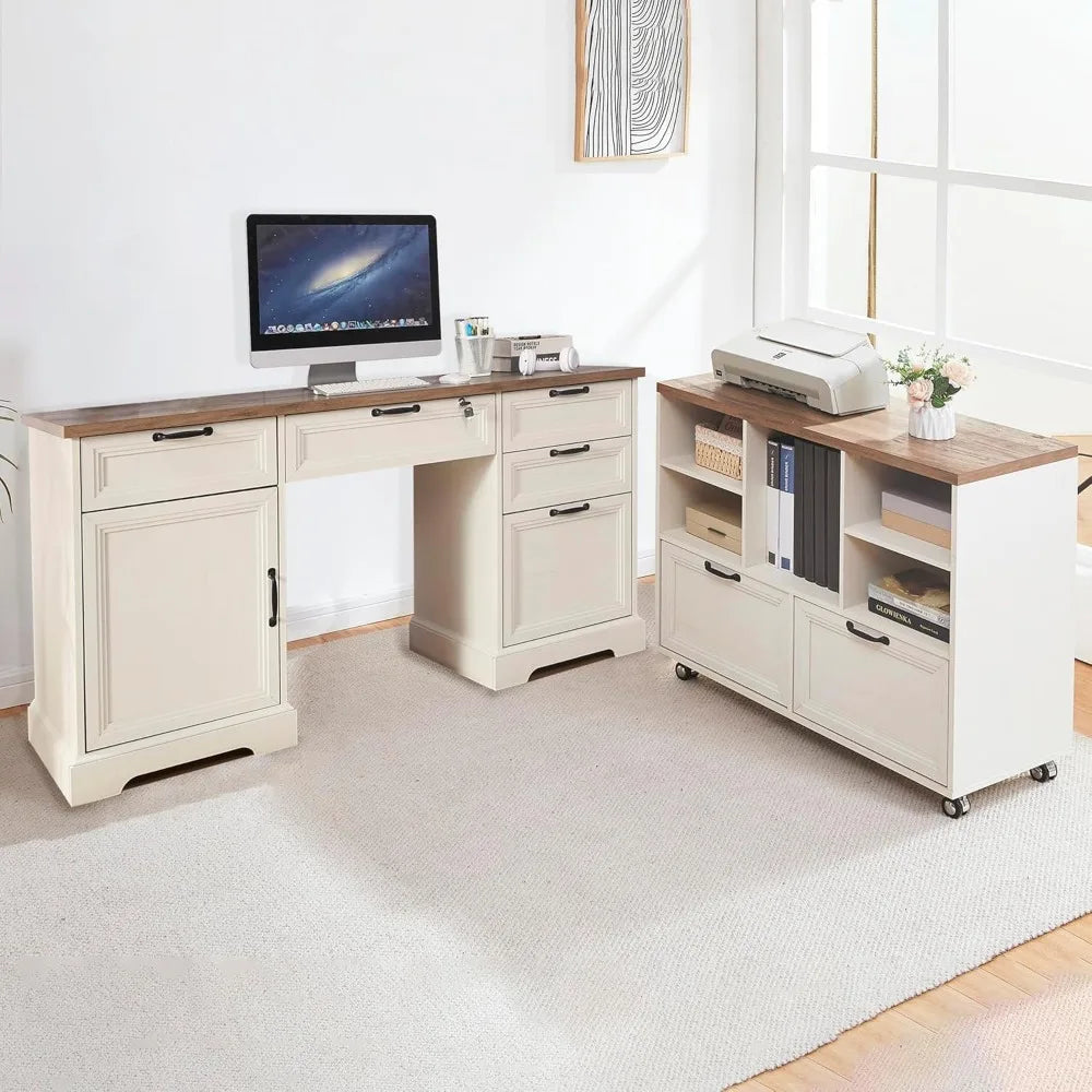 ’60’’ L-Shaped Farmhouse Desk - 40’’ Mobile File Cabinet & Charging Station Storage for Office/Home’ - United States