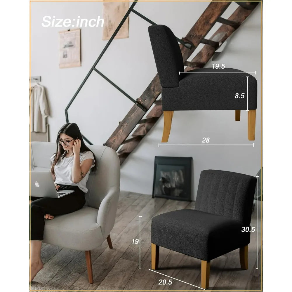 Accent Chairs Set of 2 - Modern Slipper Chairs for Living Room Solid Wood Legs Comfy Upholstered Fabric in Black