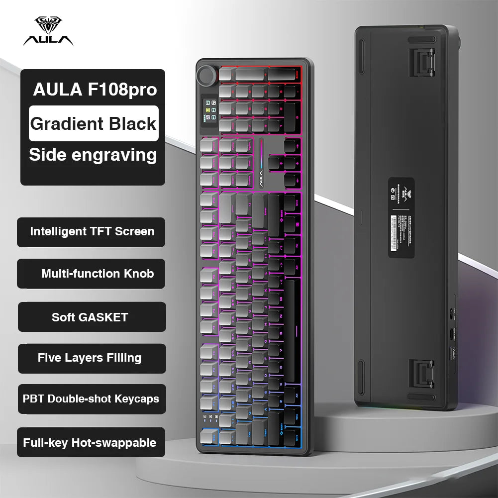 AULA F108 pro Wireless Bluetooth Keyboard Macro Gaming keyboard Gasket Hot-swap Full Size Keyboard with TFT Smart