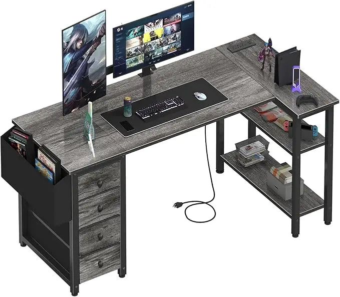 L Shaped Computer Desk with Drawers & Storage Shelves 55 Inch Corner Desk with Power Outlet for Home Office Bedroom