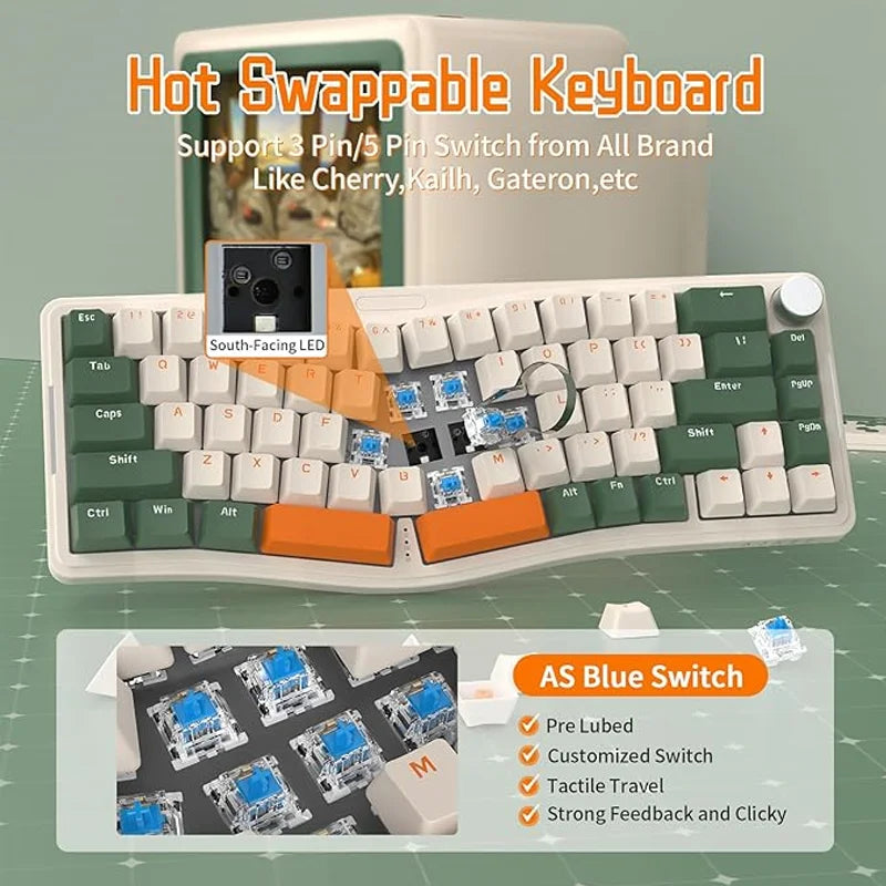 AKS068 Alice Layout Wired Mechanical Keyboard Gasket Mount 68 Keys Ergonomic 60% Gaming Keyboard USB-C Hot-S - Desktop