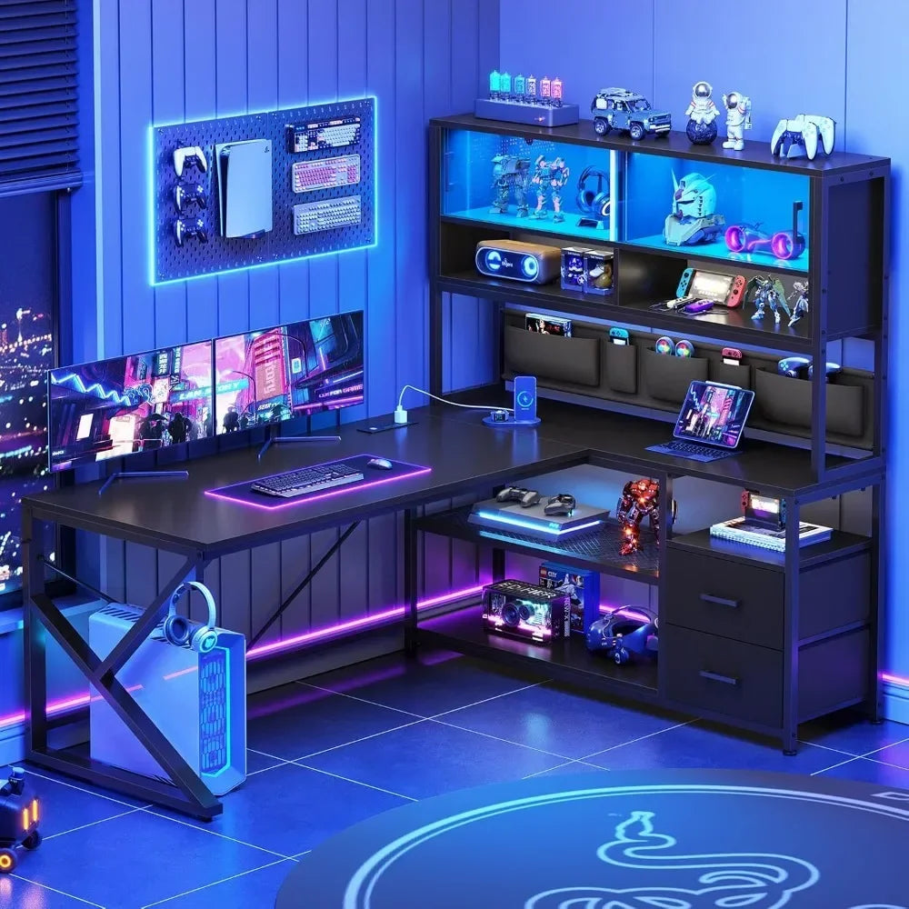L Shaped Gaming Desk Home Office Computer Desk with 2 Drawer and Bookshelf L Shaped Gaming Desk with LED Light Glass