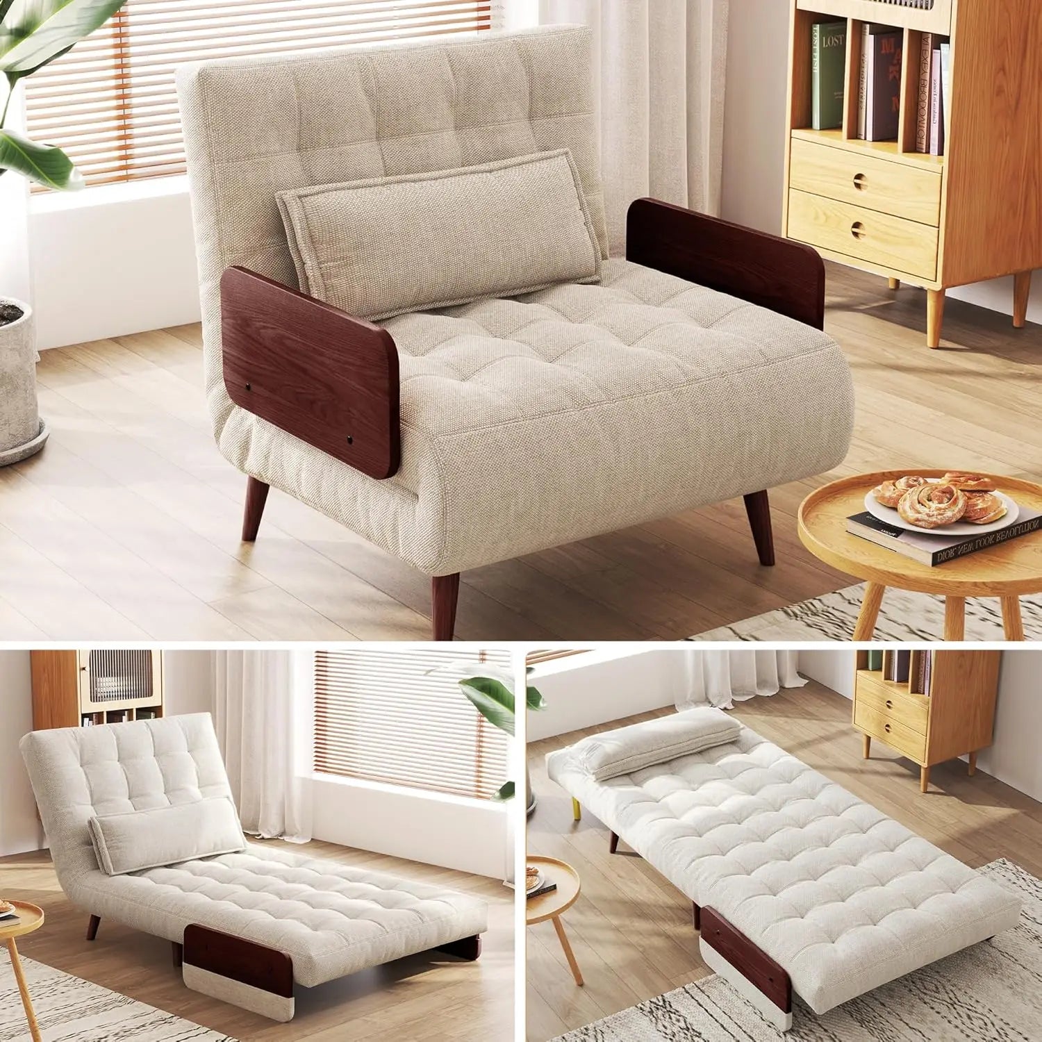 3-in-1 Convertible Chair Bed Sleeper for Adults Linen Convertable Sleeper Chair with Wooden Arms & Pillows Foldable