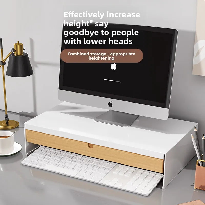 Monitor Stand Riser with Bamboo Drawer Ergonomic Desk Organizer with Storage and Cable Management White Monitor Stand