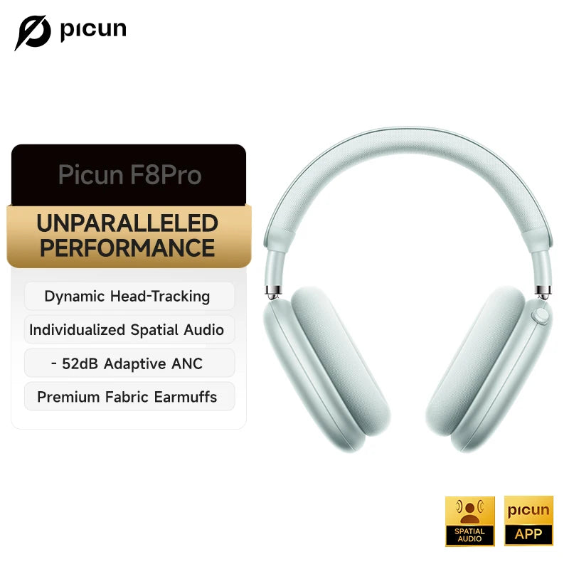 Picun F8 Pro ANC Wireless Headphones 3D Spatial Audio Head Tracking -52dB ANC HIFI Bluetooth Headset ENC HD Mic