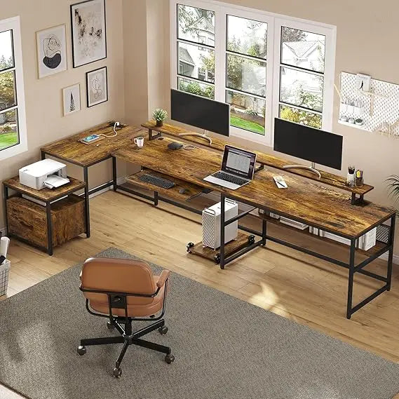 Two-Person L-Shaped Home Office Desk with File Drawer and Power Outlet Reversible U-Shaped Design for Maximum Space