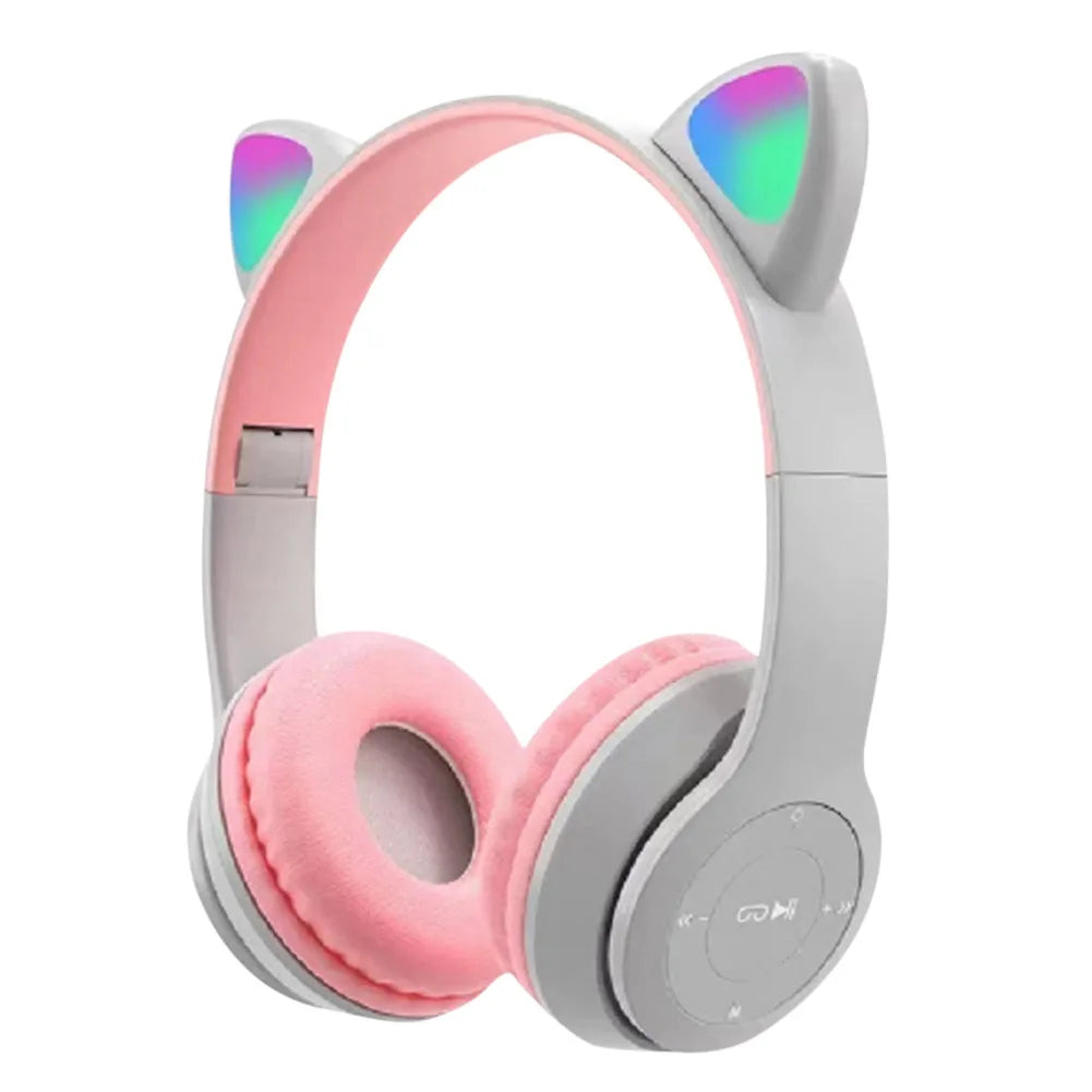 Wireless Headphones Cat Ear Gaming Headset Glow Light Bluetooth-Compatible Helmets Cute Over-Ear Headsets for Kids