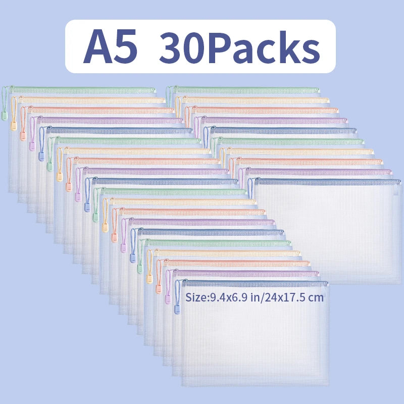 5/10/20/30pcs Zipper Storage Bag Pouch Waterproof A4 A5 PVC Mesh Zipper Bag For Files Toy Stationery For Office Home