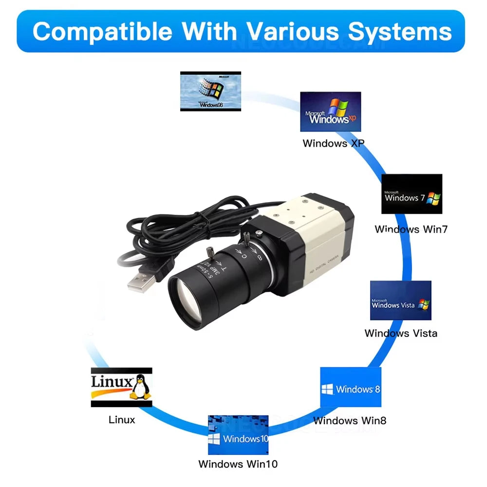 Industrial 5MP USB Webcam 30fps IMX335 With 2.8-12m/5-50mm Varifocal CS Lens 2K 4MP F5253 Usb Camera OTG UVC Plug